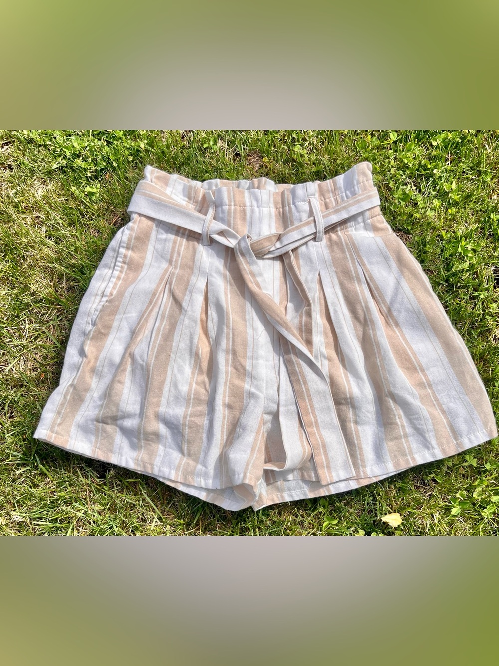 Blue Rain Beige and White Striped Paperbag Waist Shorts